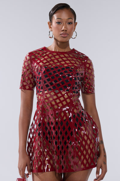 SHE'S DIFFERENT CUT OUT FAUX LEATHER MINI DRESS IN BURGUNDY AKIRA SHE'S DIFFERENT CUT OUT FAUX LEATHER MINI DRESS IN BURGUNDY AKIRA