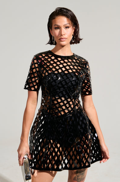 SHES DIFFERENT CUT OUT FAUX LEATHER MINI DRESS – AKIRA