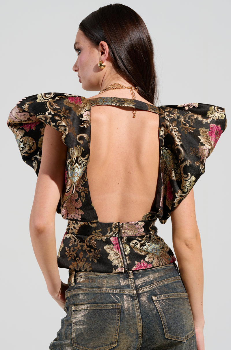 【美品】GREED FLOWER JACQUARD Gather Blouse Floral Jacquard Tie-Neck Blouse | White House Black Market