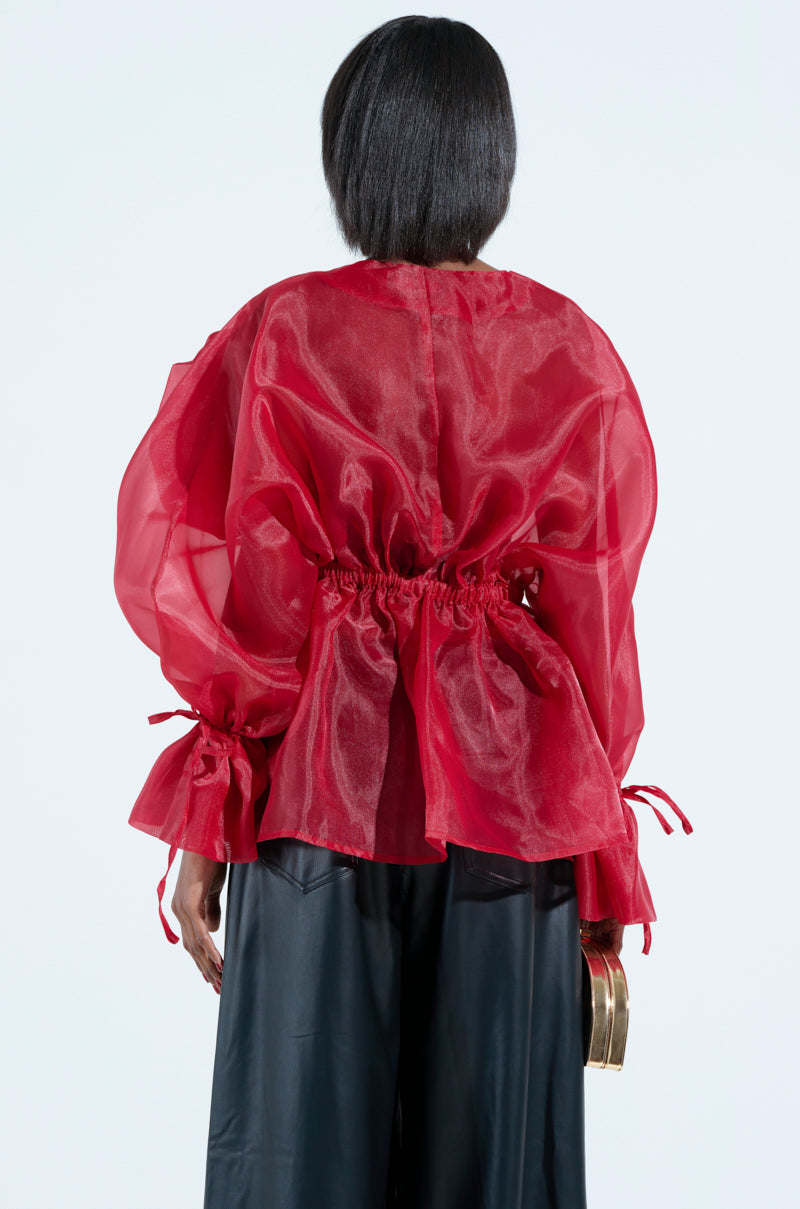 A person stands with their back turned, wearing the JULIA BUTTON DOWN BLOUSE made of sheer red chiffon, puffed sleeves, a cinched waist, and an oversized flower applique. It is stylishly paired with black pants against a plain white background.