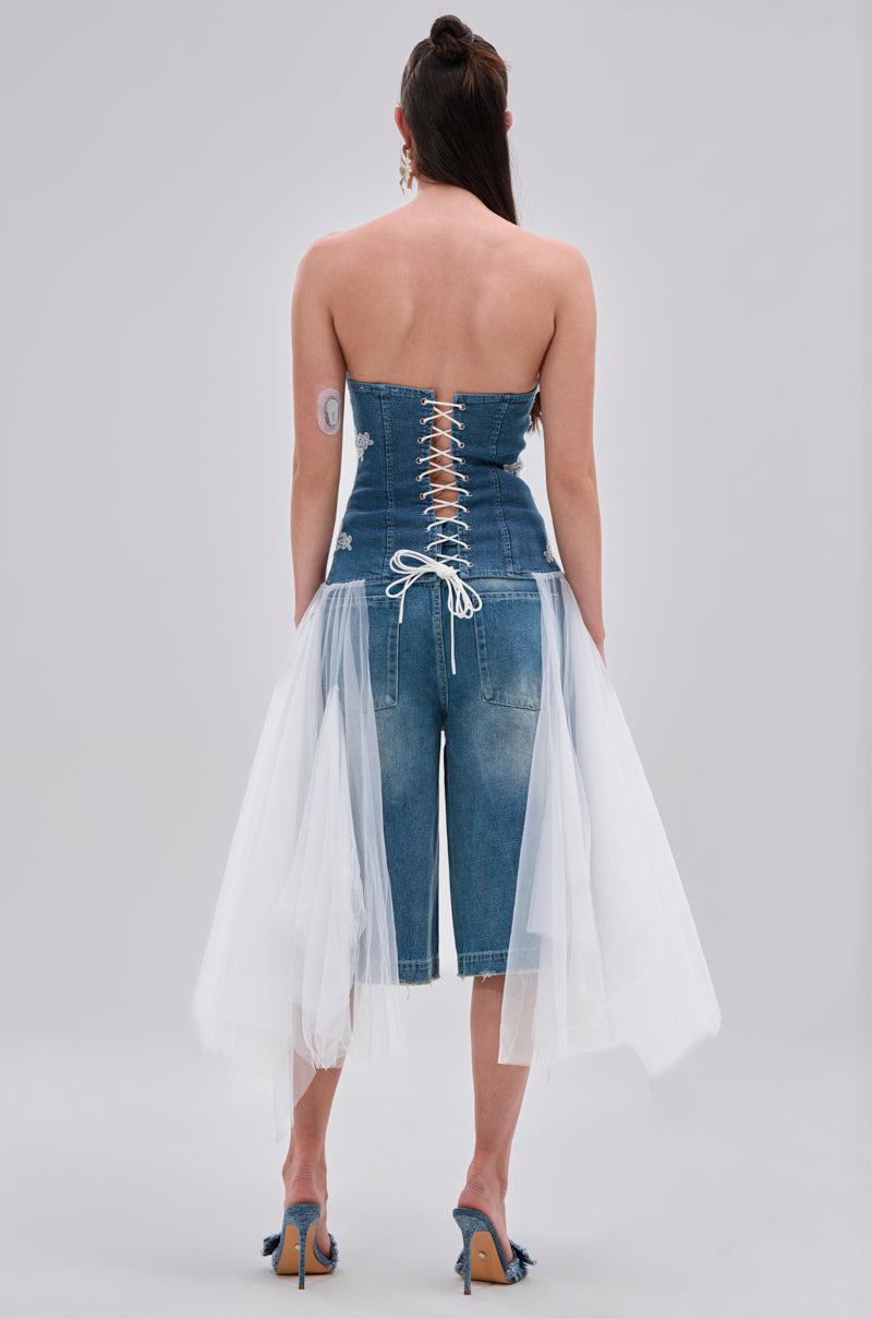 NO DRAMA STRETCH DENIM LACE DETAILED CORSET – AKIRA