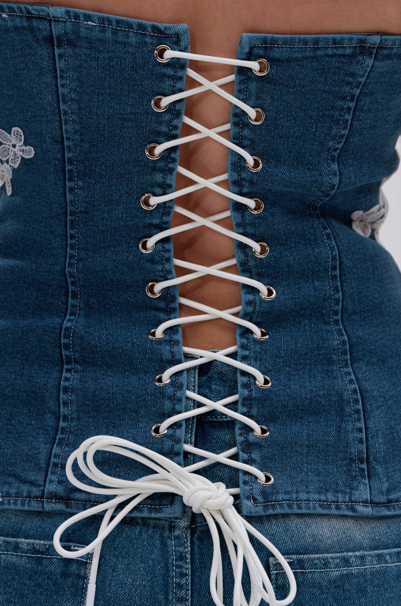 NO DRAMA STRETCH DENIM LACE DETAILED CORSET – AKIRA