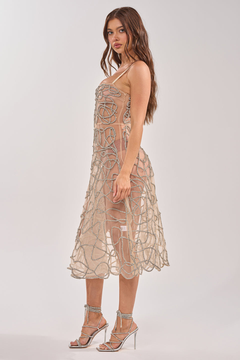 nude brown dress RIGHT THIS WAY RHINESTONE MIDI DRESS IN NUDE – AKIRA