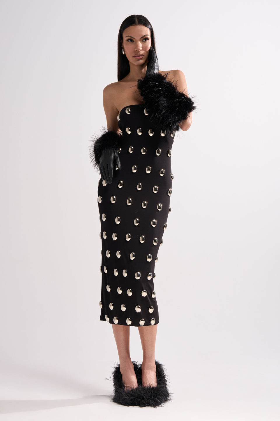 black dress with silver accents AKIRA Time After Time Midi Dress With Metal Detailing | Black