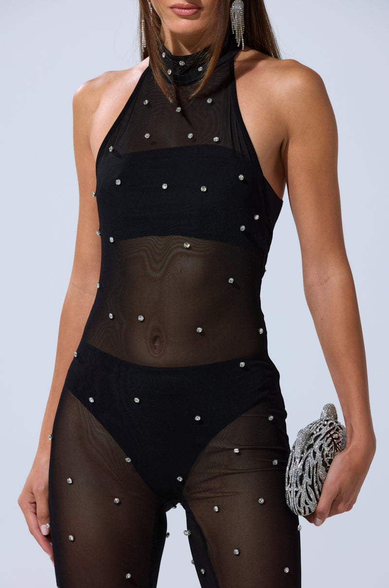 Wearing the ALEX RHINESTONE MESH JUMPSUIT with a high neckline and small embellishments, she pairs it with large statement earrings and carries a silver beaded clutch.