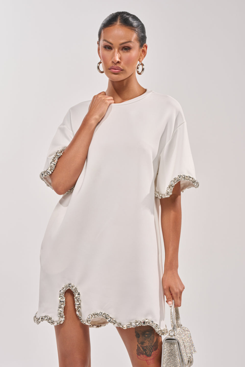 ladies embellished dress COOL GIRL EMBELLISHED TEE SHIRT DRESS IN WHITE – AKIRA