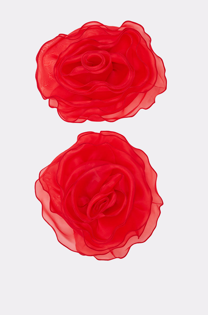 The REDDY FOR YOU BROOCH SET features two large, layered red fabric flower appliqués with wavy edges—bold statement pieces perfect as oversized brooches or organza accessories—displayed on a simple light background. 2