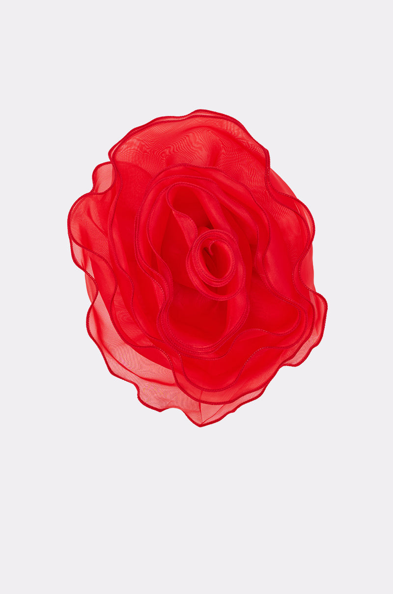 The REDDY FOR YOU BROOCH SET features sheer red organza brooches with layered, wavy petals in a circular shape—an elegant accessory for those who love unique floral designs. 3