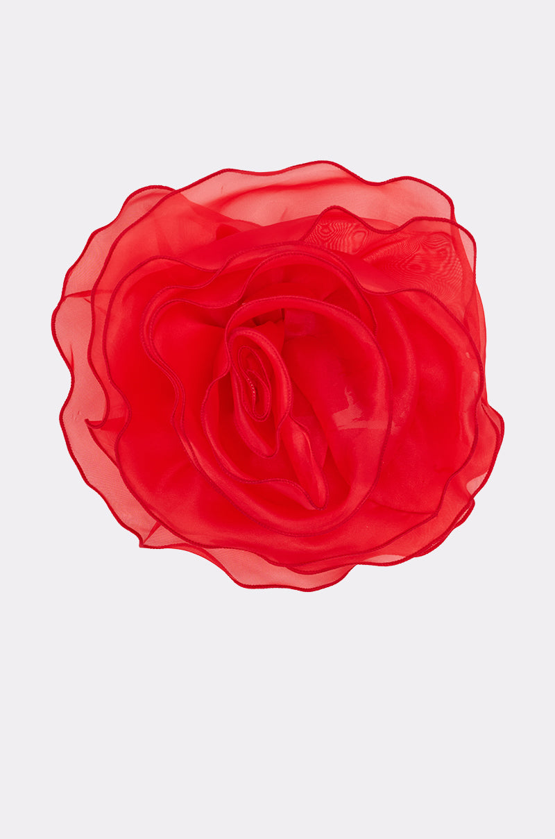 The REDDY FOR YOU BROOCH SET features a vibrant red, oversized fabric flower with layered, translucent petals in a rose-like design—perfect for adding standout flair to any outfit. 4