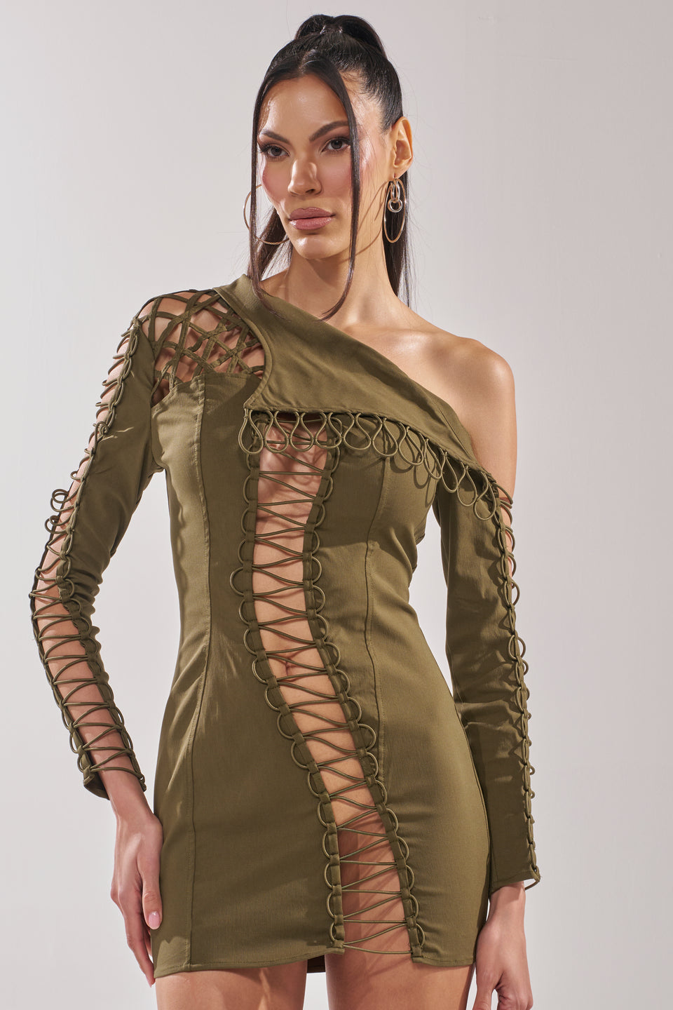 long sleeve lace up mini dress in olive LACED UP MINI DRESS AKIRA