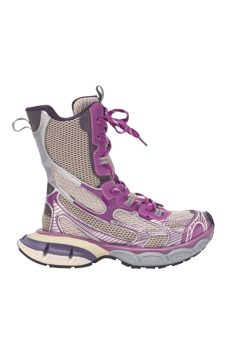 The AZALEA WANG YVONNE PURPLE LACE UP SNEAKER is a high-top with a chunky sole, featuring beige mesh panels and purple and lavender accents on the laces, overlays, and trim for standout streetwear style. 3
