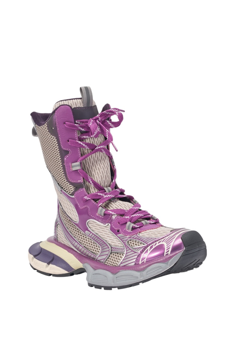 The AZALEA WANG YVONNE PURPLE LACE UP SNEAKER features a chunky beige and purple design, mesh panels, thick textured sole, and purple laces—ideal for bold streetwear looks, shown angled right on a white background. 4