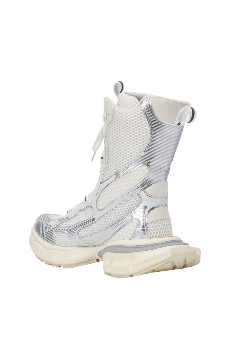 The AZALEA WANG YVONNE WHITE LACE UP SNEAKER is a high-top sneaker in white and metallic silver, featuring a chunky sole, mesh texture, and loop tabs for easy wear—a blend of futuristic athletic style and bold streetwear vibes. 5
