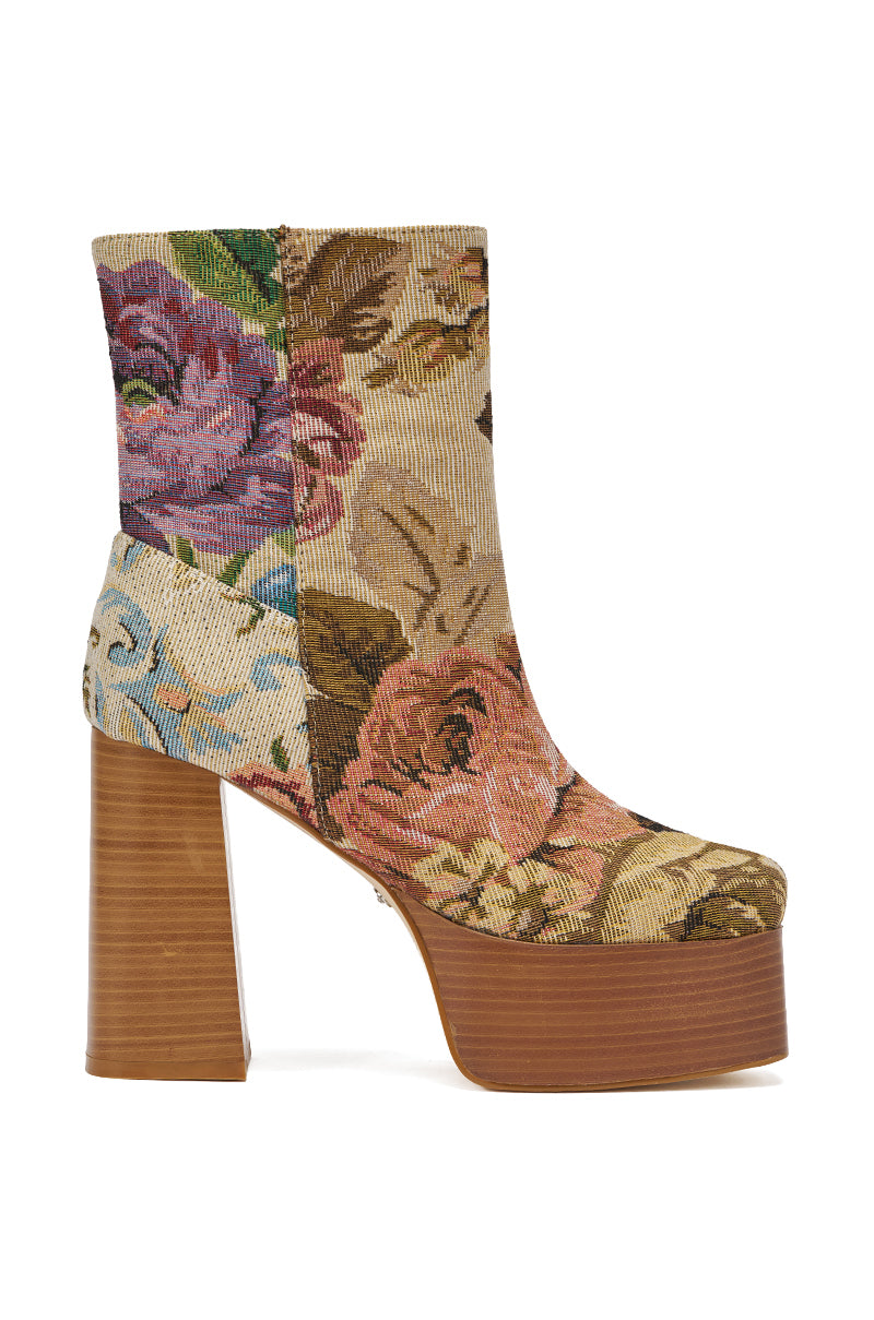 The AZALEA WANG ZILPAH FLORAL BROCADE BOOTIE features a high heel, chunky wooden sole, and vibrant floral brocade fabric in pink, green, blue, and beige. 3