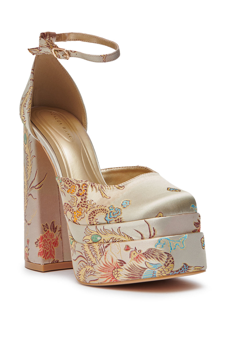 The AZALEA WANG ZIPPORAH NEW BROCADE MARY JANE PLATFORM PUMP features a high heel, ankle strap, and cream satin with an intricate red, blue, gold, and orange floral and butterfly pattern. 4