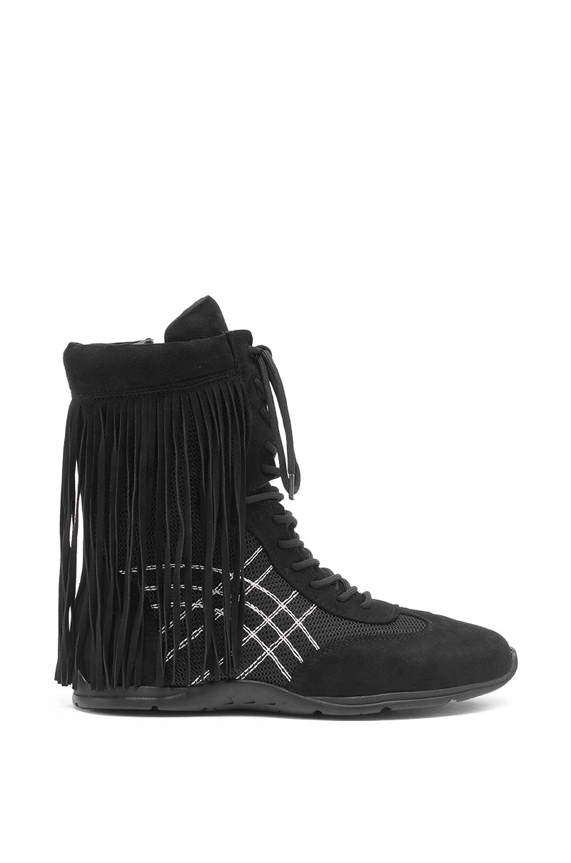 The AZALEA WANG ZITHER BLACK FLAT FRINGE BOOTIE features long fringe around the ankle, black laces, and white crisscross side stitching for a bold, stylish look.