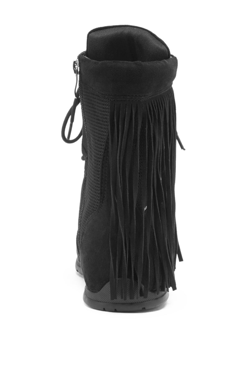 The AZALEA WANG ZITHER BLACK FLAT FRINGE BOOTIE is shown from the back, displaying long fringe detailing from the top edge and a visible side zipper.