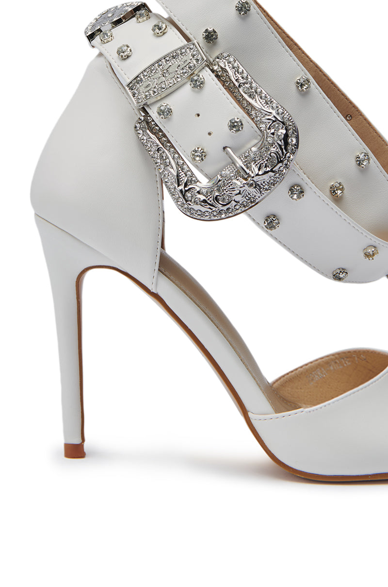 Close-up of the AZALEA WANG ZORKA WHITE WESTERN BUCKLE STILETTO SANDAL, featuring a pointed toe, large silver buckle, and rhinestone-embellished strap. 6