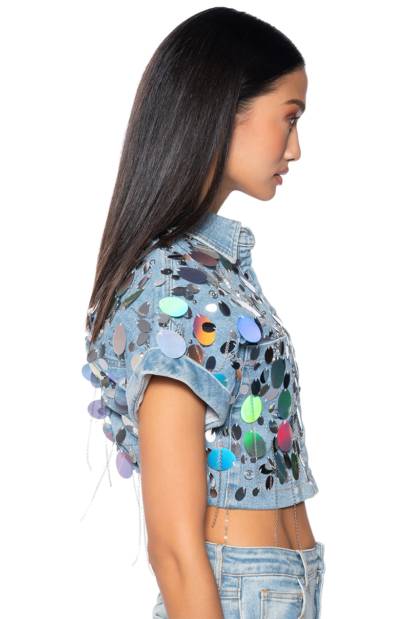 Detail View A Girl Named Lucky Embellished Button Down Denim Crop Top