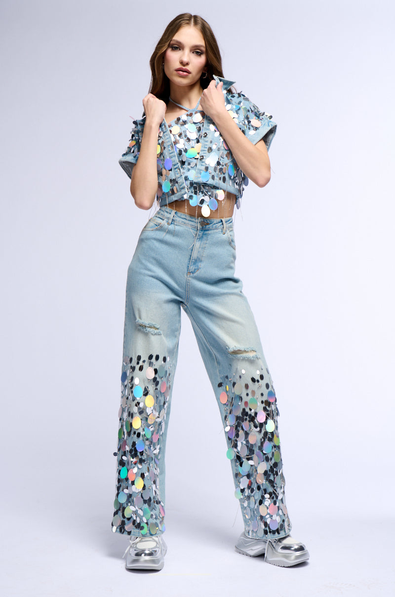 Full View A Girl Named Lucky Embellished Button Down Denim Crop Top