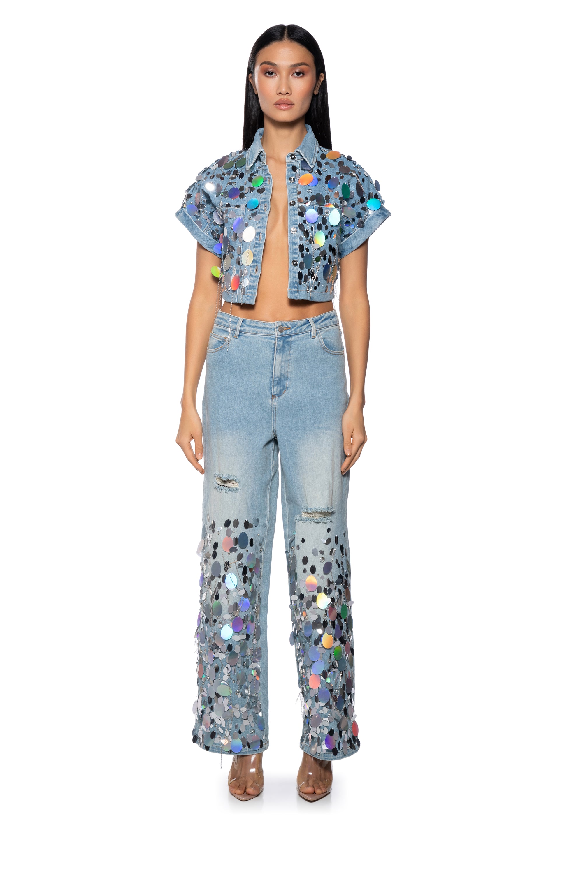 Extra View A Girl Named Lucky Embellished Button Down Denim Crop Top