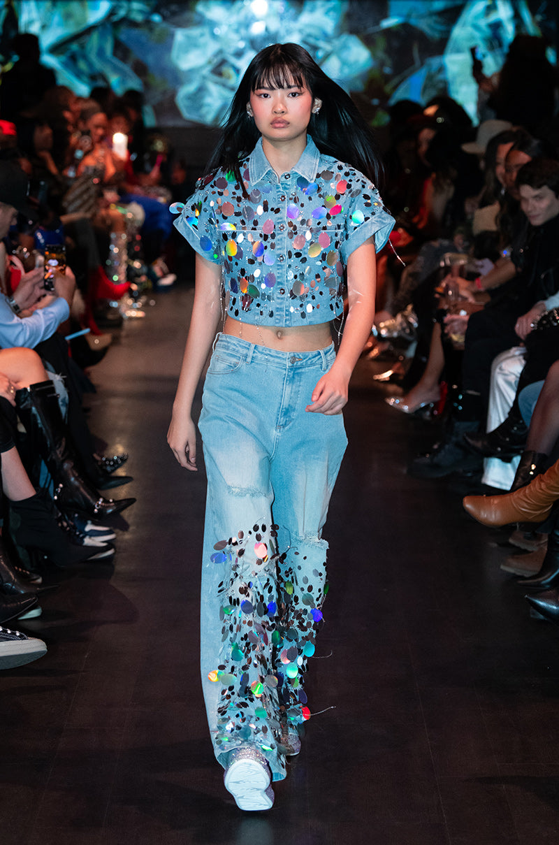 Extra View A Girl Named Lucky Embellished Button Down Denim Crop Top