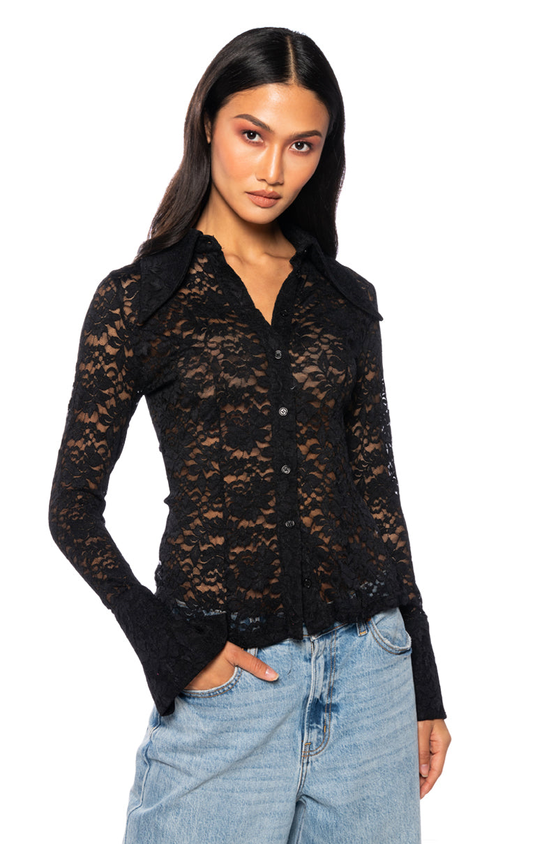 Front View A Sneak Peek Button Down Lace Blouse
