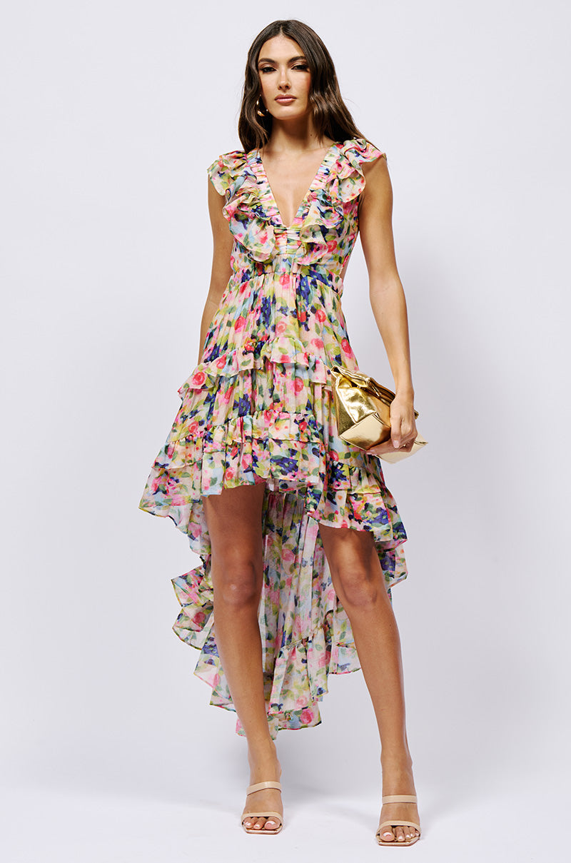 A WORK OF ART PRINTED HIGH LOW MINI DRESS view 0