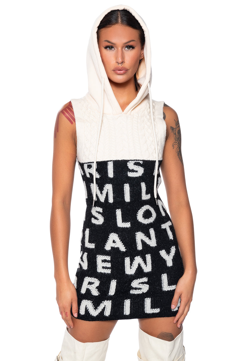 Front View Abc Knit Hoodie Mini Dress
