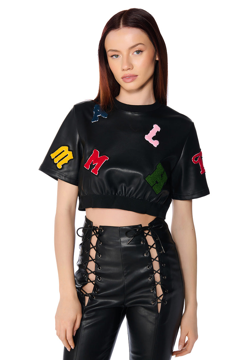 ABC FAUX LEATHER PATCHWORK T SHIRT view 0