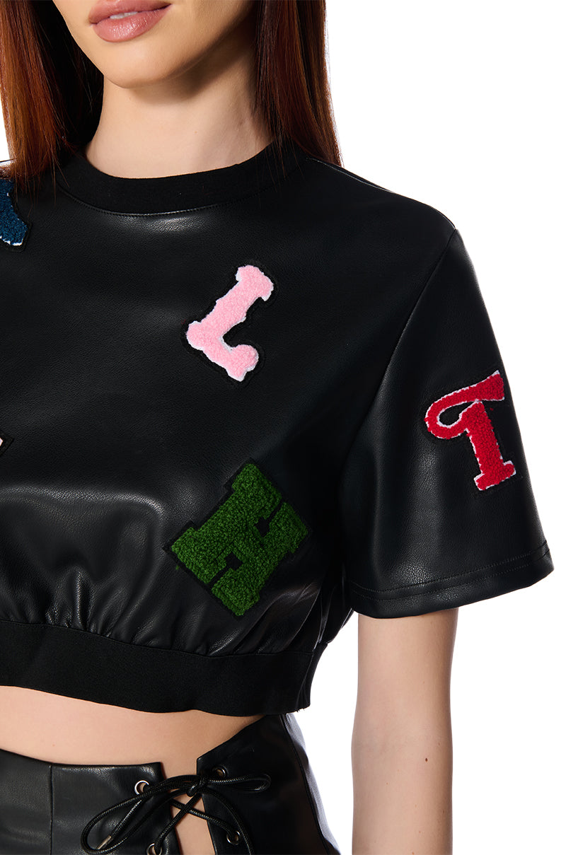Full View Abc Patchwork Faux Leather T Shirt