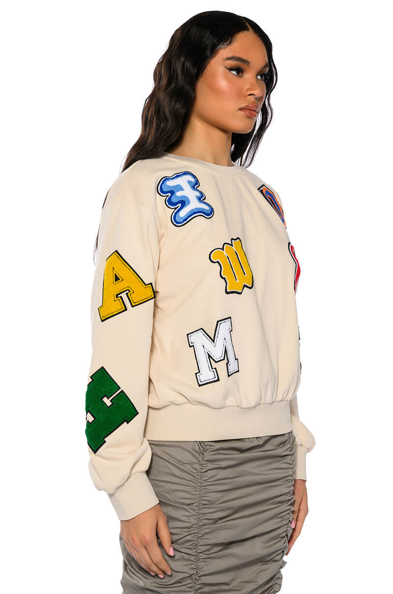 Side View Abcdefu Patchwork Crew Neck Pull Over