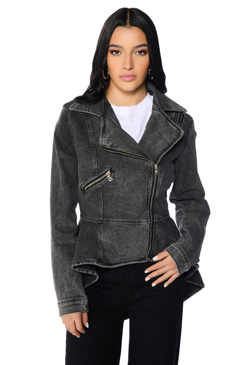 Front View About That Time Denim Peplum Moto Jacket 0