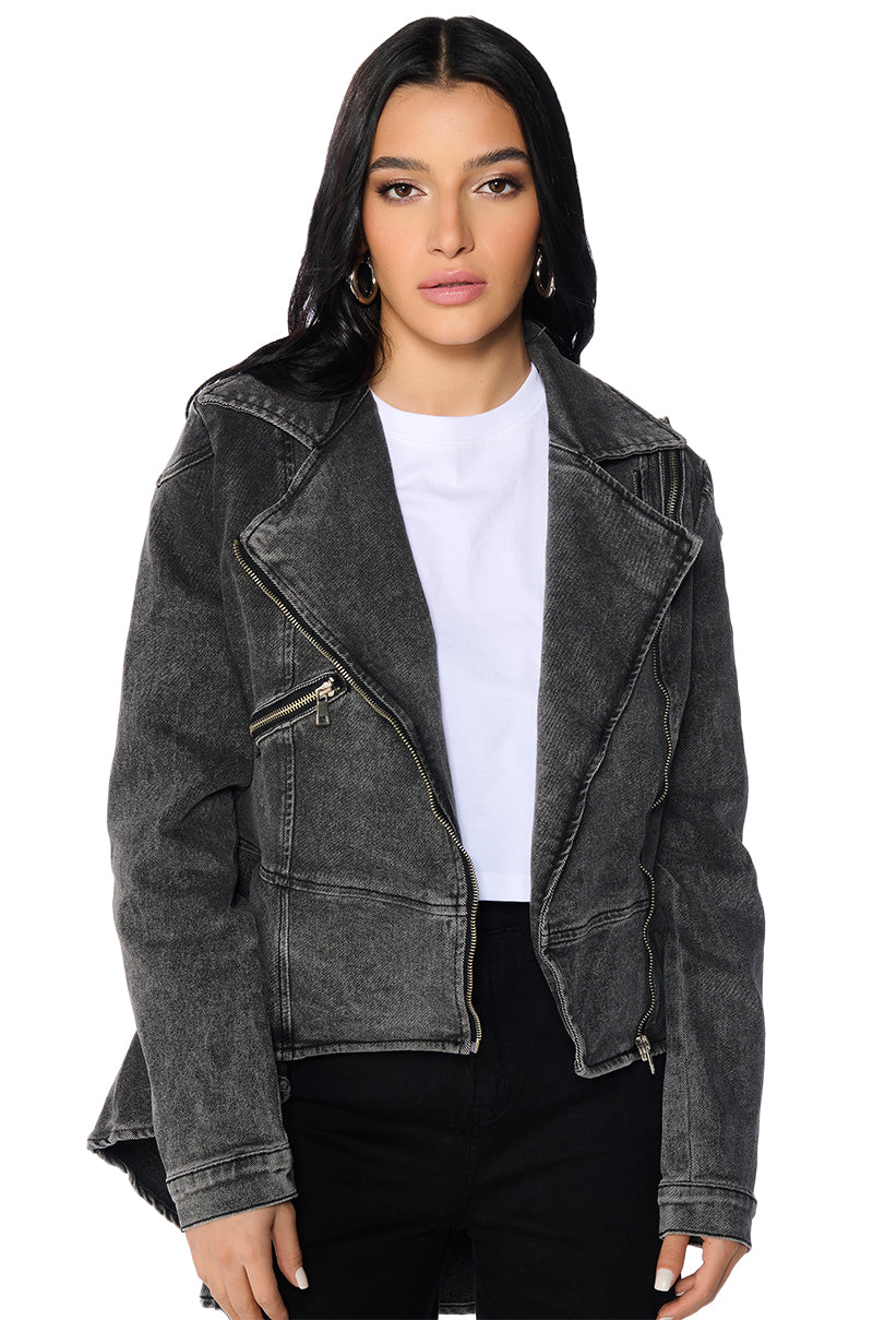 Side View About That Time Denim Peplum Moto Jacket 1