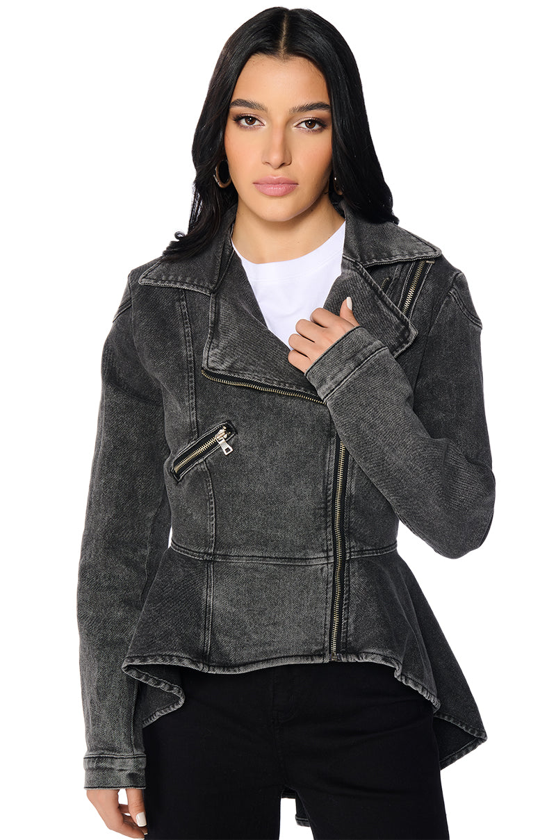 Back View About That Time Denim Peplum Moto Jacket 2