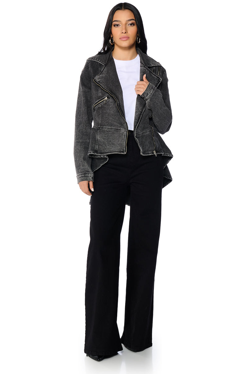 Full View About That Time Denim Peplum Moto Jacket 4