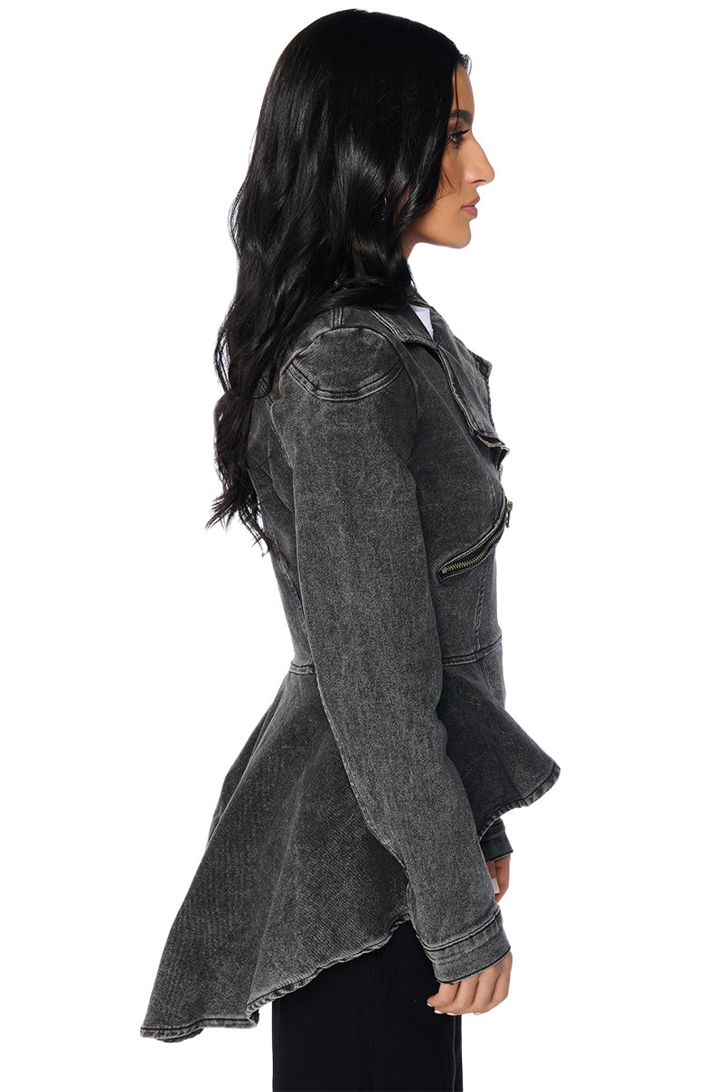 Extra View About That Time Denim Peplum Moto Jacket 5
