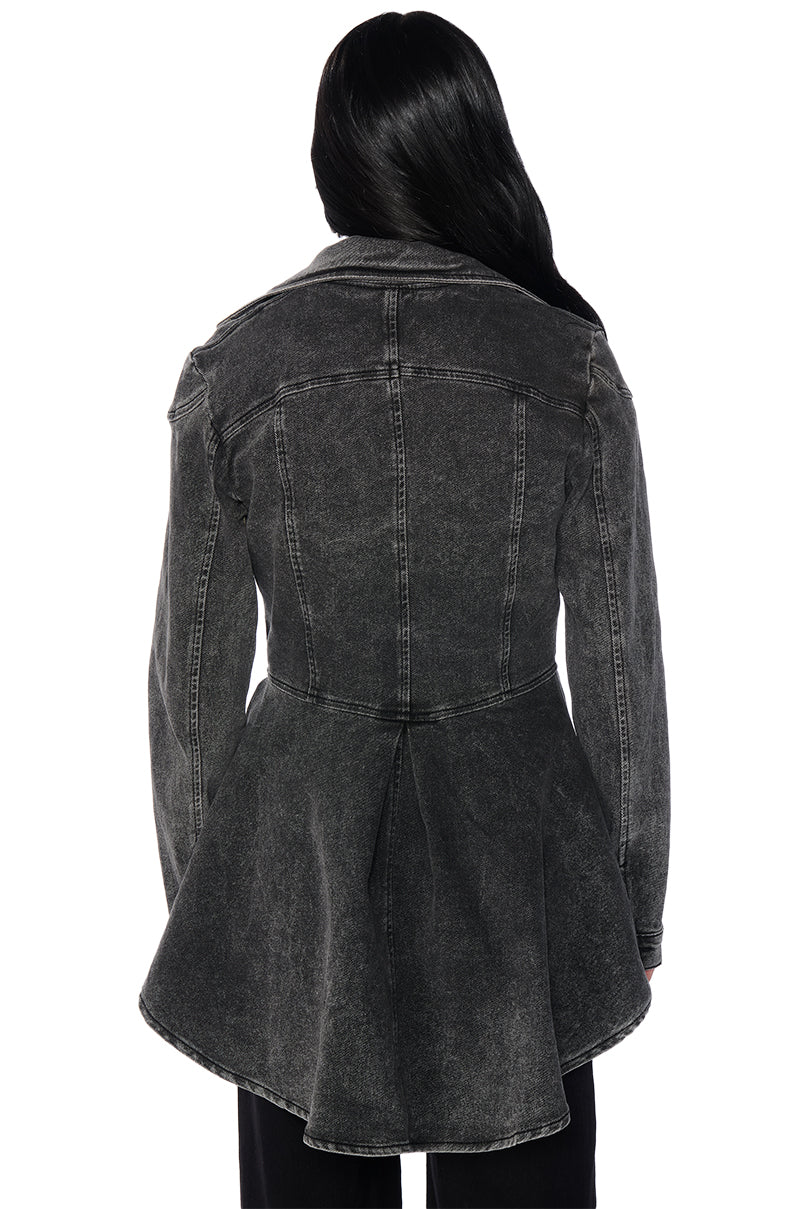 Extra View About That Time Denim Peplum Moto Jacket 6