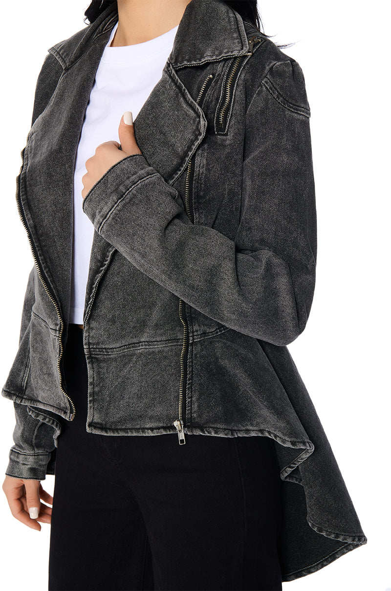 Extra View About That Time Denim Peplum Moto Jacket 7