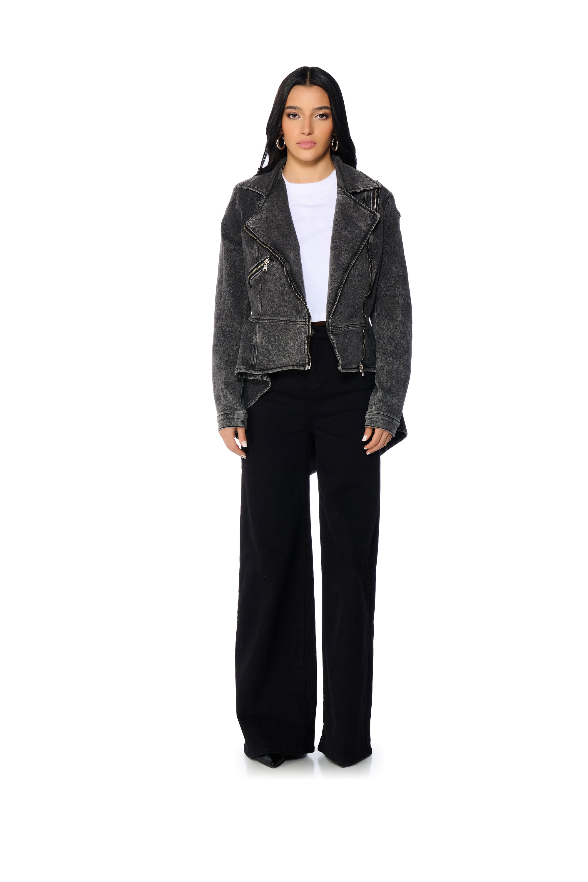 Extra View About That Time Denim Peplum Moto Jacket 8