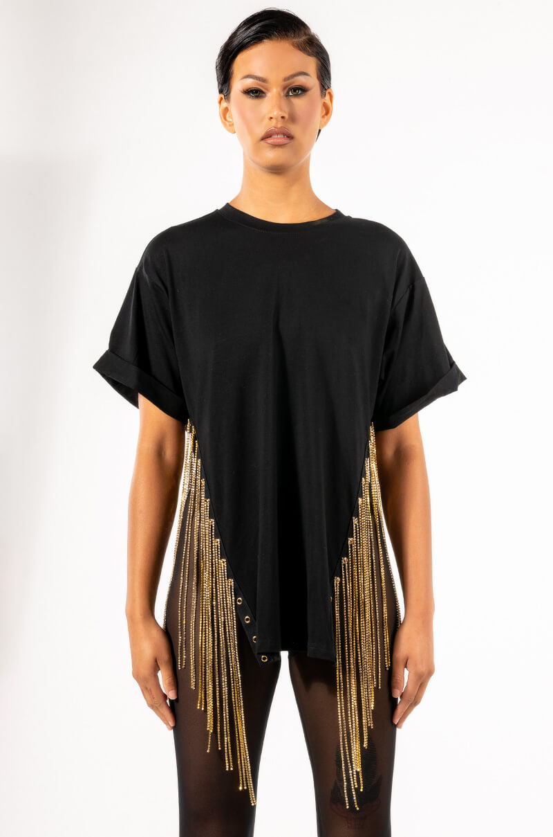 Back View Above Average Chain Detail Oversized Crew Neck Tshirt