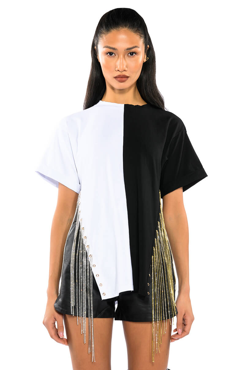 Front View Above Average Colorblock Rhinestone Detail Oversized Tee