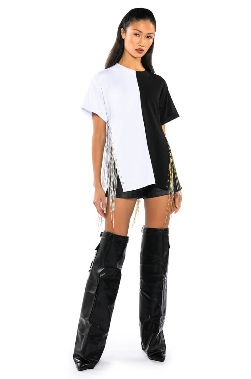 Back View Above Average Colorblock Rhinestone Detail Oversized Tee