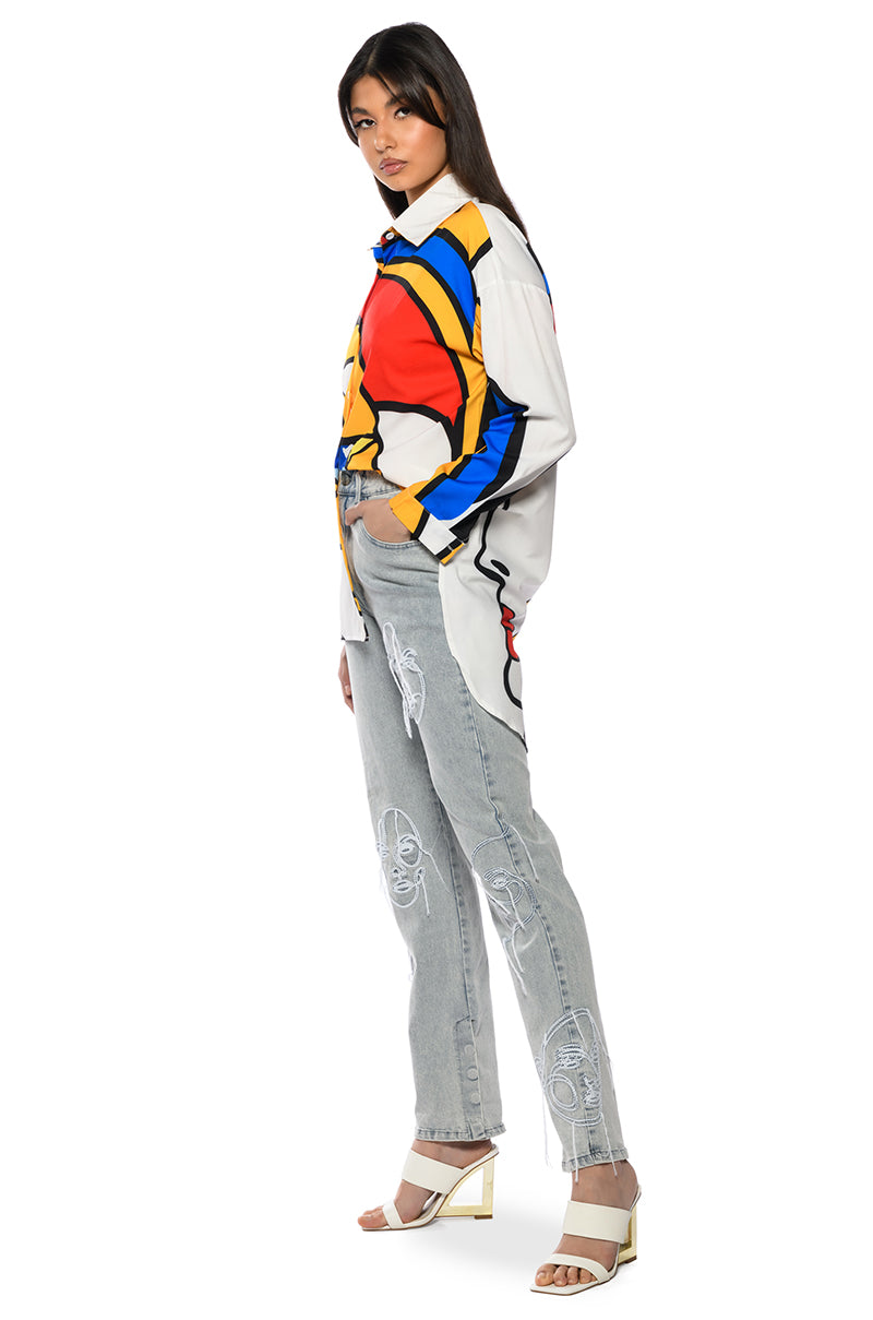 Side View Abstract Art Button Up Mini Dress