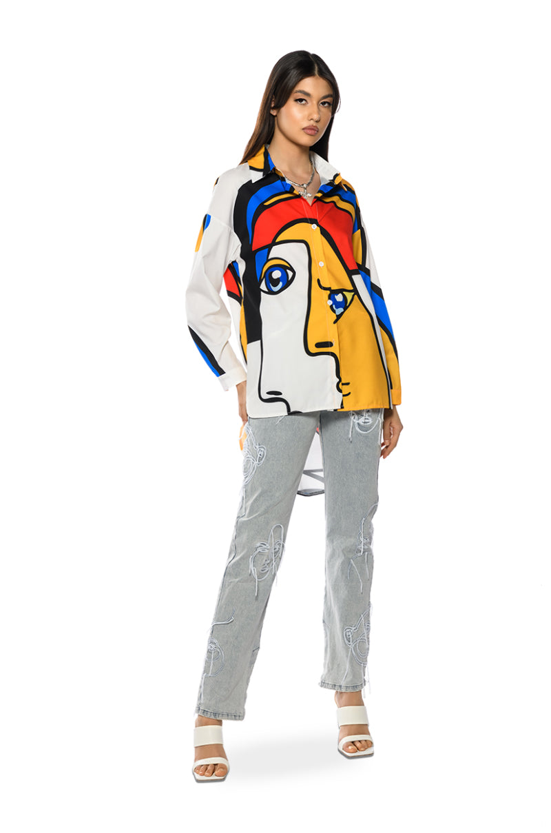 Back View Abstract Art Button Up Mini Dress