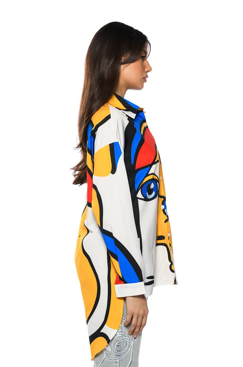 Detail View Abstract Art Button Up Mini Dress