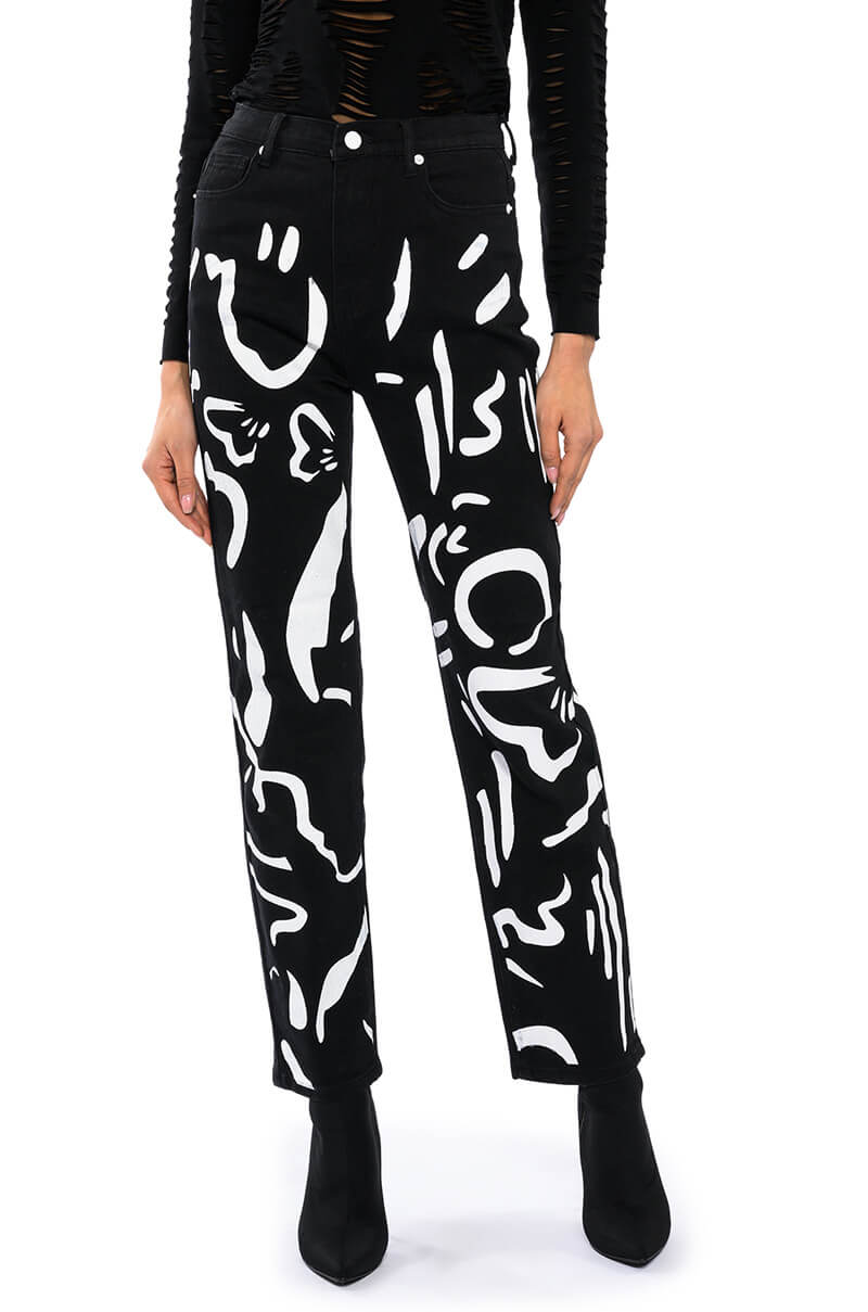 Front View Abstract Painted High Waisted Wide Leg Jean