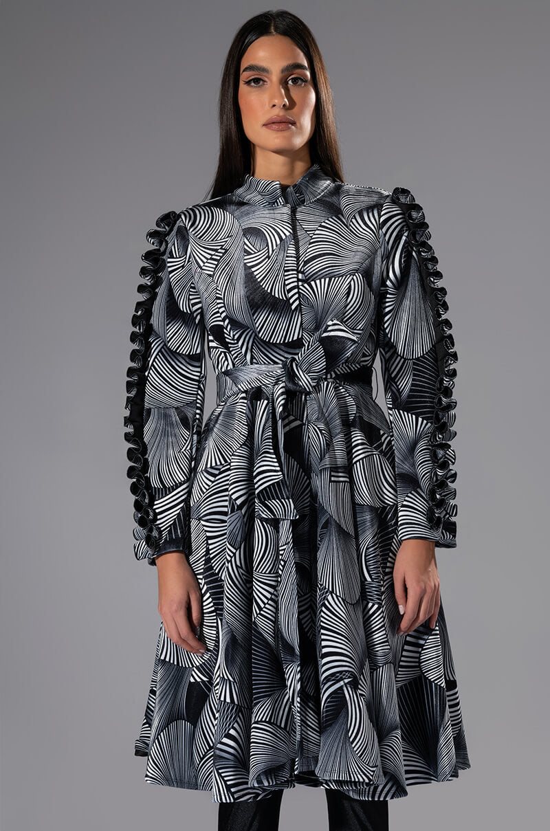 Front View Abstract Print Belted Long Sleeve Mini Dress