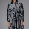 Front View Abstract Print Belted Long Sleeve Mini Dress