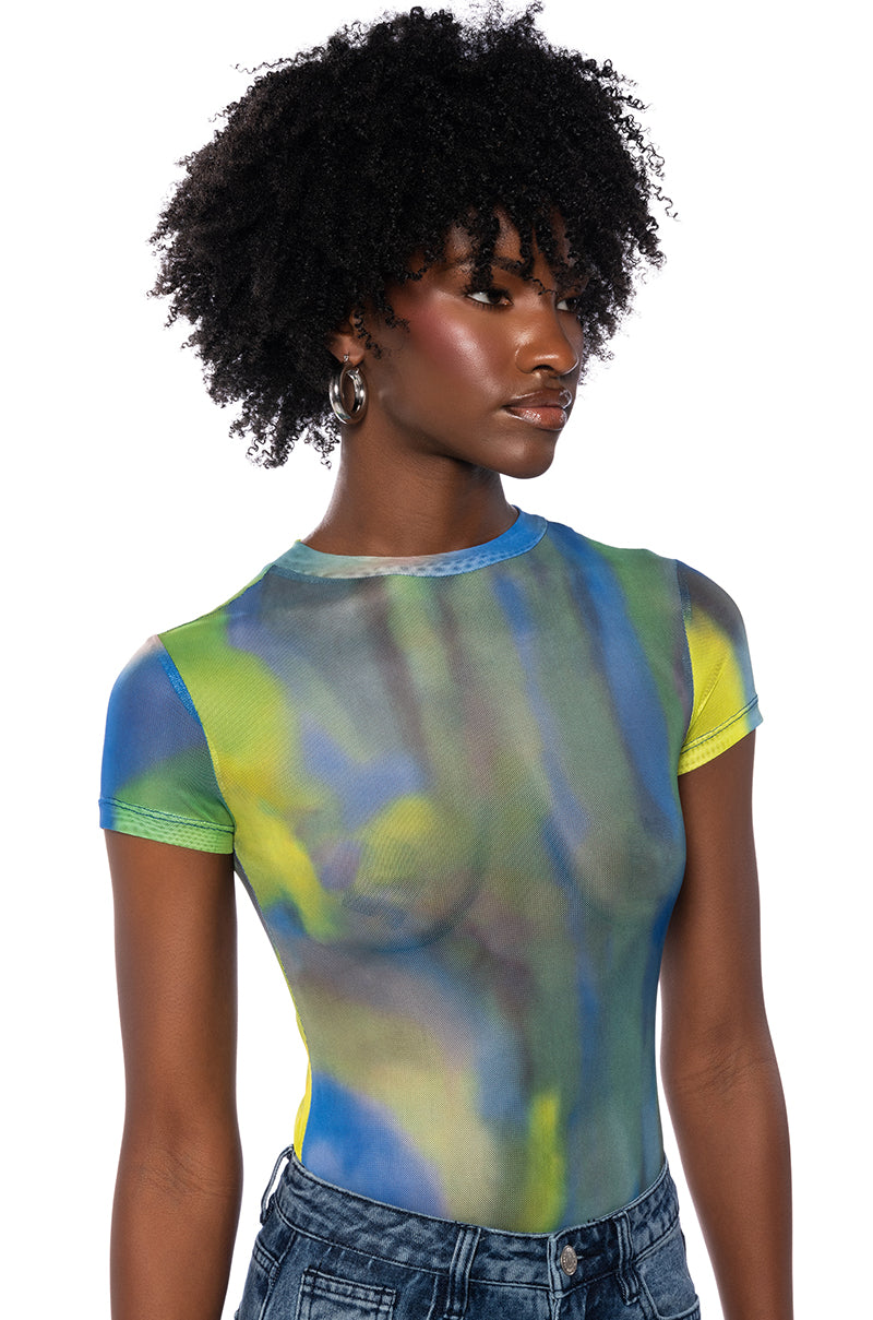 Front View Abstract Printed Short Sleeve Mesh Bodysuit
